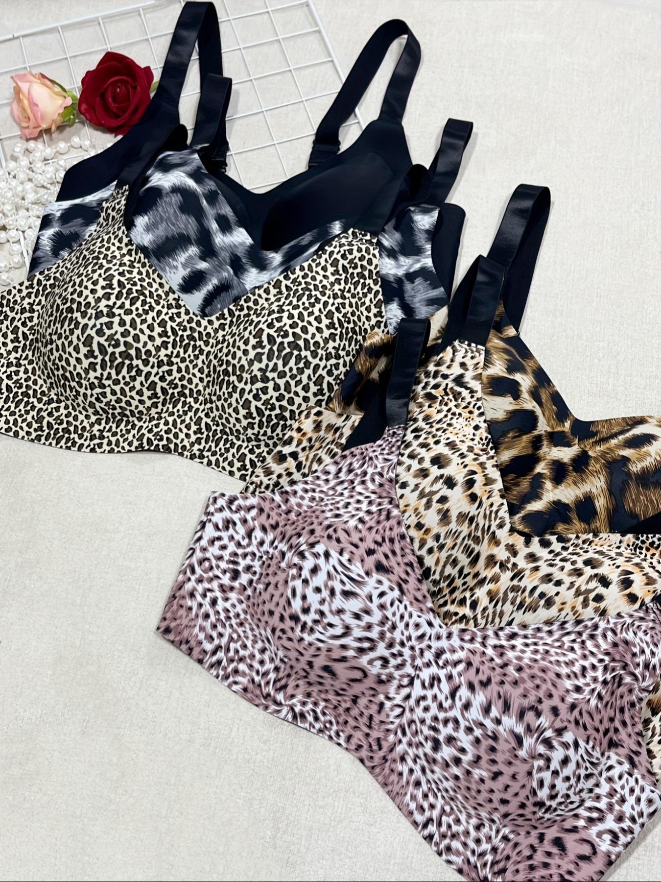 Randow Color,【Plus Size】 Leopard Print Wireless Bra, Comfortable Breathable Adjustable Strap Removable Chest Pads Bra, Women's Lingerie for All Seasons, Womenswear
