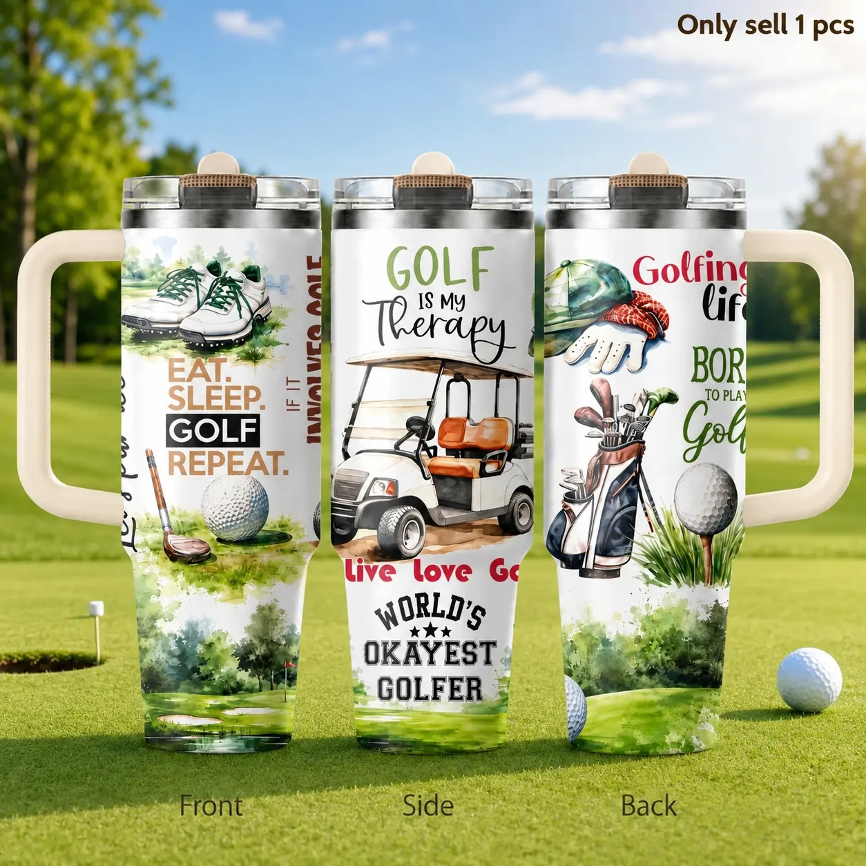 Golf Quotes 40oz Insulated Tumbler – Stainless Steel Travel Cup with Handle & Straw Lid for Coffee, Water, Golf Course, Office, Car Cup Holder, Funny Golf Lover Gift for Men