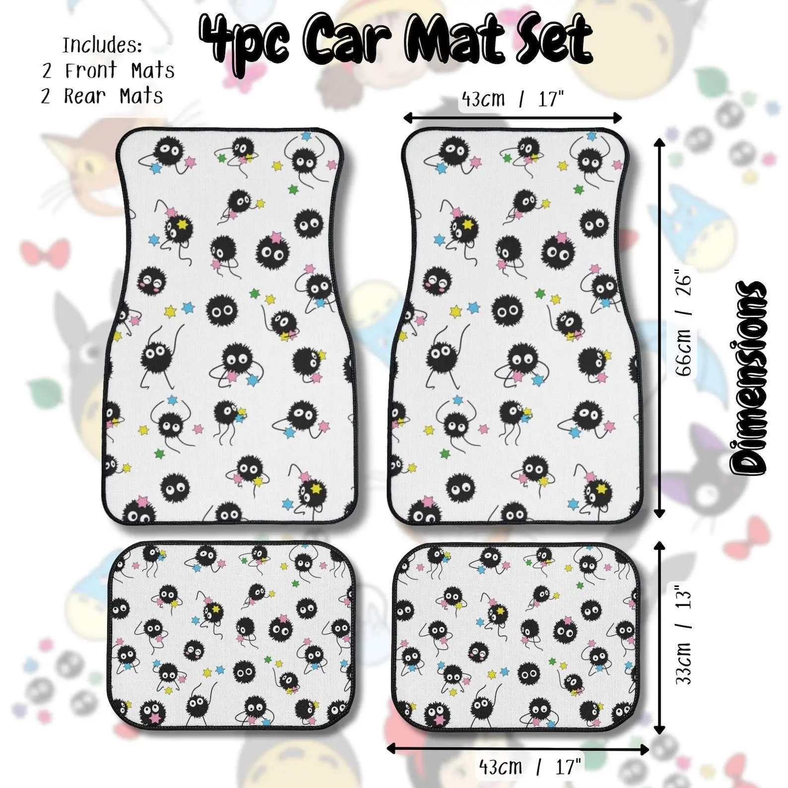 Soot Sprites Car Floor Mats, 1pc or 4pc Set Car Mat Spirited Away Anime Car accessory Studio Ghibli Inspired Car Swag Anime Theme Car Mat
