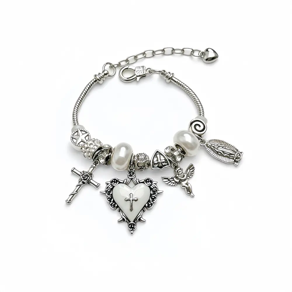 QUEENDO American retro religious style DIY charm bracelet with celestial figures, hearts, crosses, and pearls, extendable bracelet