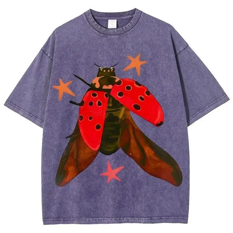 Men's Vintage Graphic Tees - Ladybug Sparkle Oversized Distressed Tee, Oversized Ease Washed Shirt, Streetwear Nature Theme Unisex Top, Shirts, Washed Vintage Look