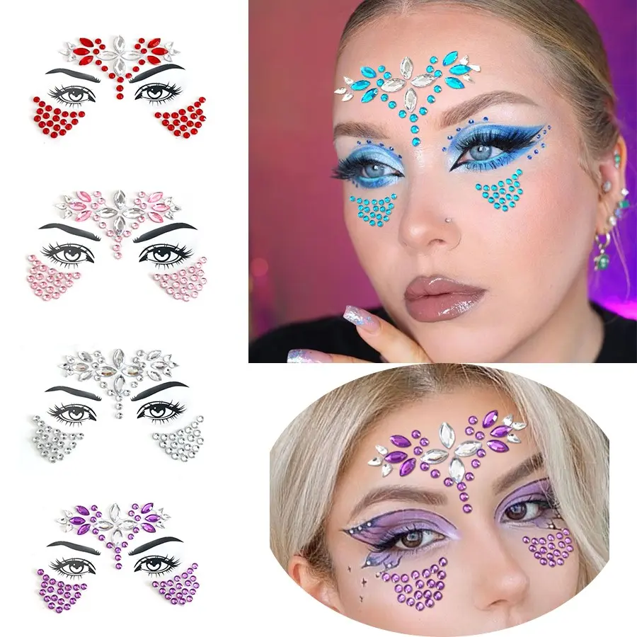 5pcs Mixed Color Integrated Forehead Face Rhinestone Stickers, EDM Festival Stage Eye Makeup Gems, Selfie Makeup Decor for Halloween Party