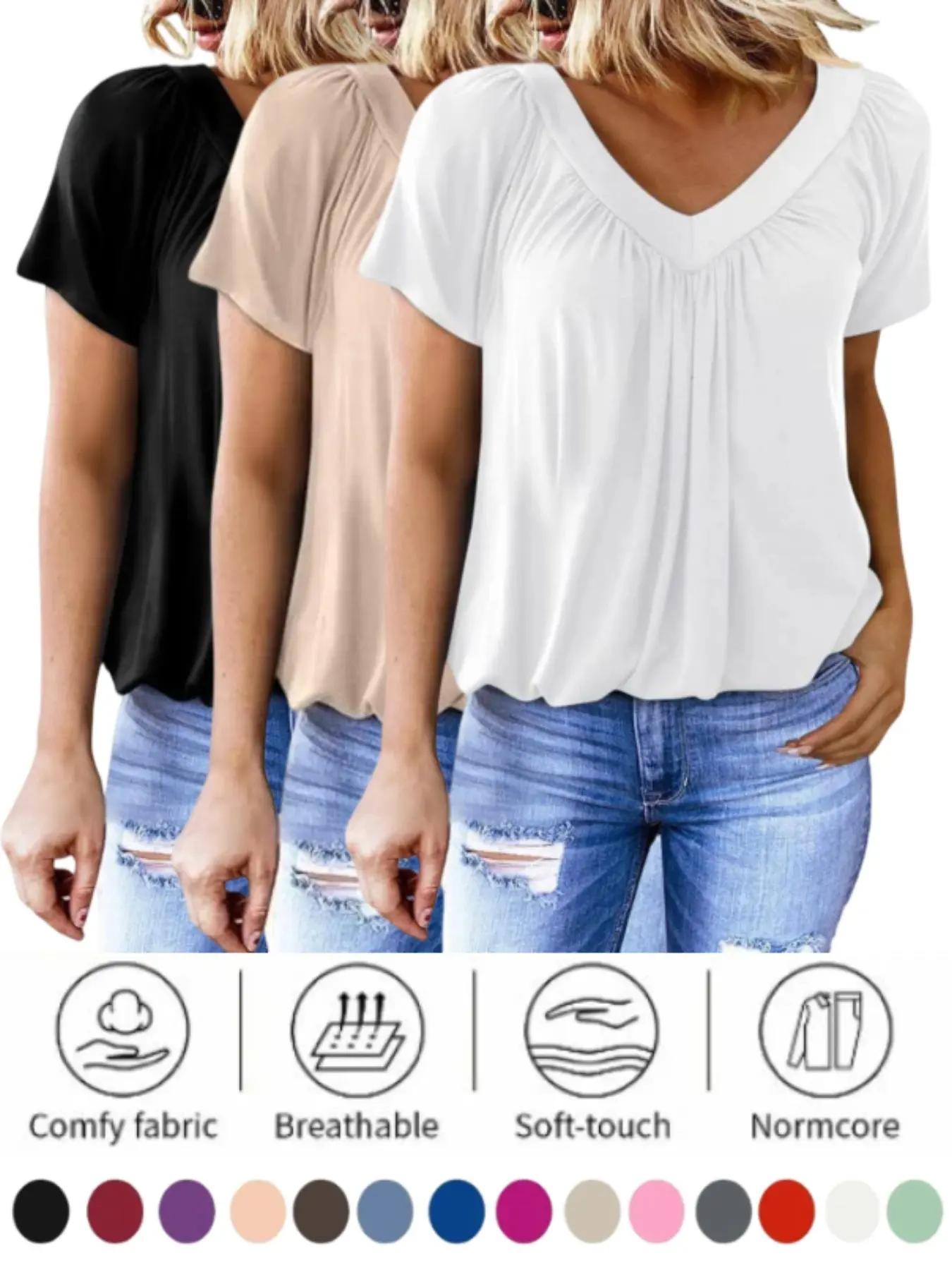 Summer Tops for Women V Neck Shorts Sleeve Casual Basic Ruched Tops Women T Shirts Clothes Trendy 2026