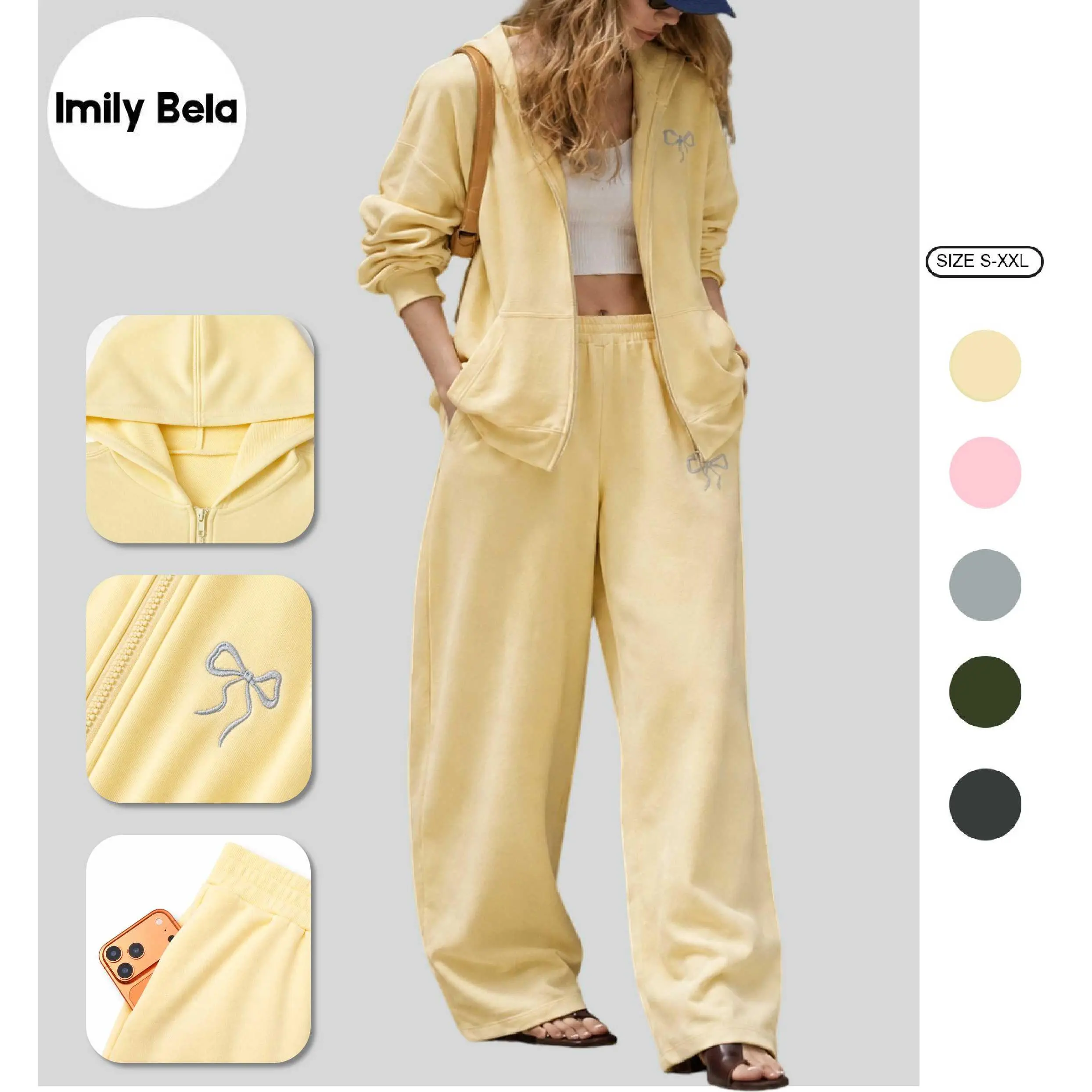 Imily Bela Womens 2 Piece Sweatsuit Set Bow Embroidered Zip Up Hoodie & Wide Leg Sweatpants Oversized Fleece Lounge Set Casual Fall Outfits
