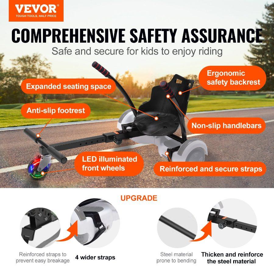 VEVOR Hoverboard Seat Attachment(Not included hoverboards), for 6.5 8 8.5 10 Hoverboards, with LED Lights, Grips Control, Adjustable Frame Length and 220 LBS Load Capacity, Hover Board Go Karts Accessory, for Kids Adults