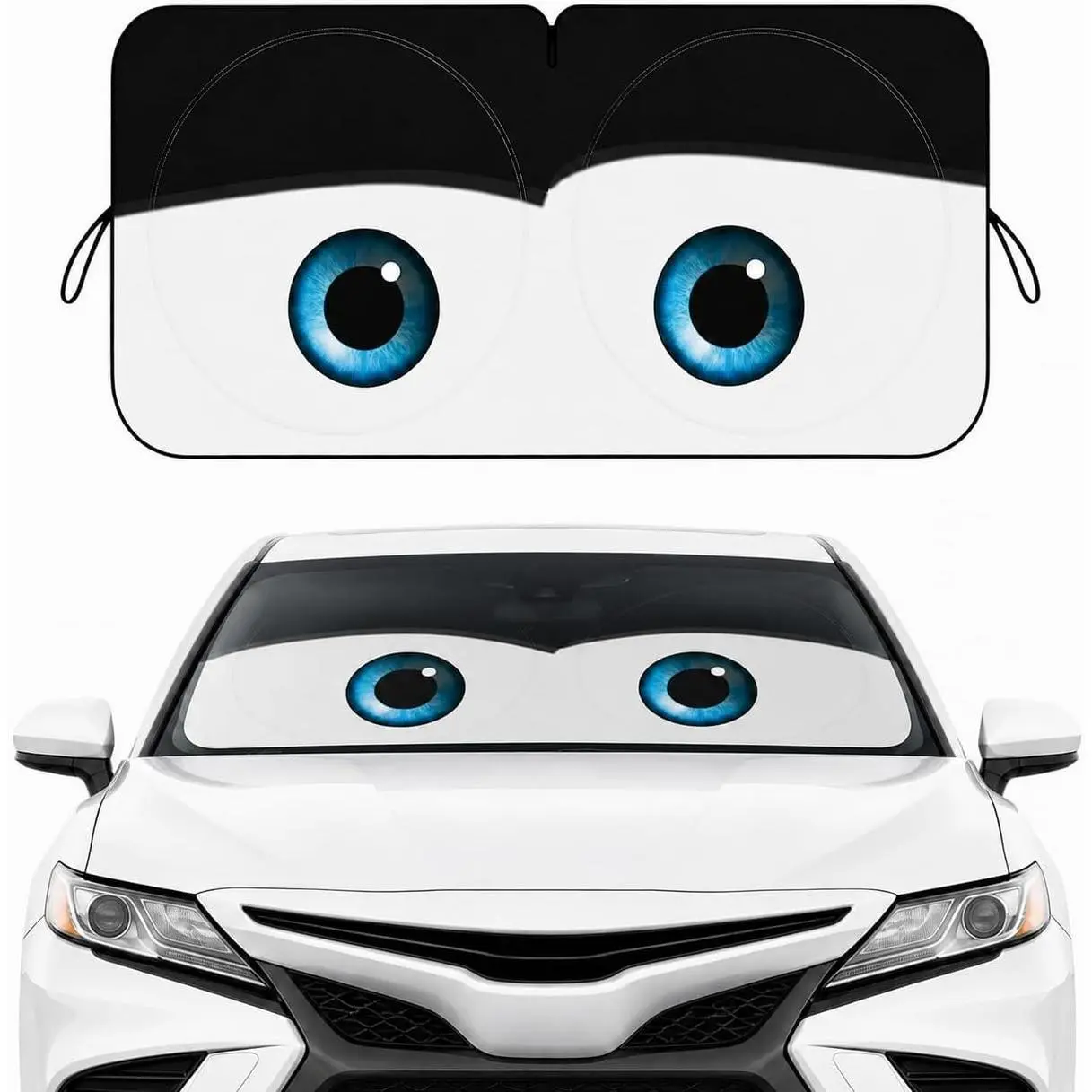 Funny Cartoon Eyes Windshield Shade, UV Protection Car Windshield Cover, Heat Shield Universal for Mid-Large Sedan, SUV, Crossover - 63x31.5in