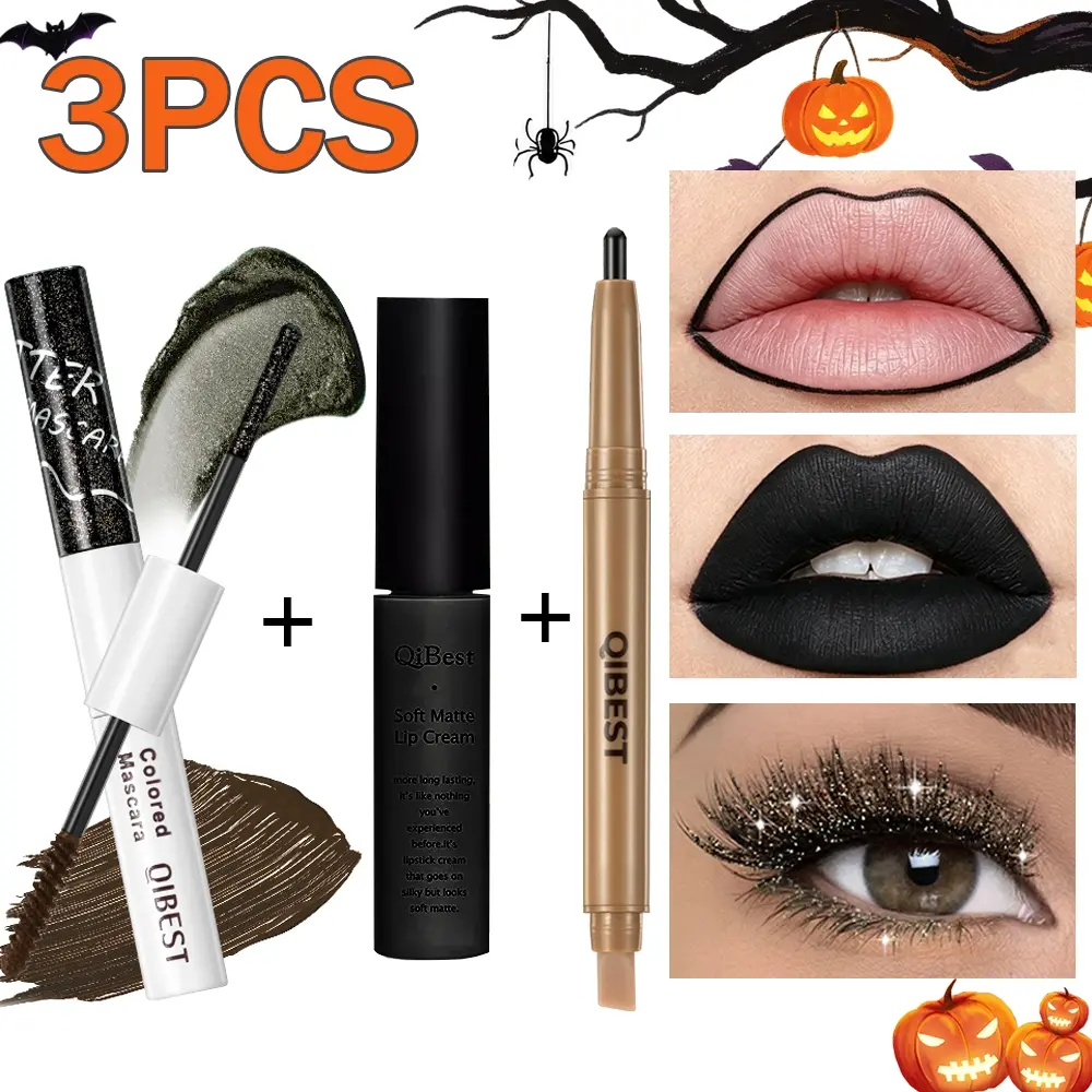 3-piece Halloween makeup set, mascara, lip gloss, lipliner, long-lasting makeup effect, color rendering makeup set