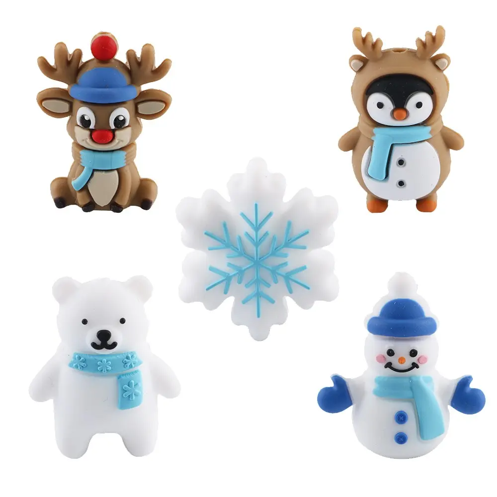 10pcs Christmas Silicone Beads, 3D Penguin, Reindeer, Snowflake, Bear, Snowman Beads, DIY Keychain, Bracelet, Necklace Accessories, DIY Beads Kit