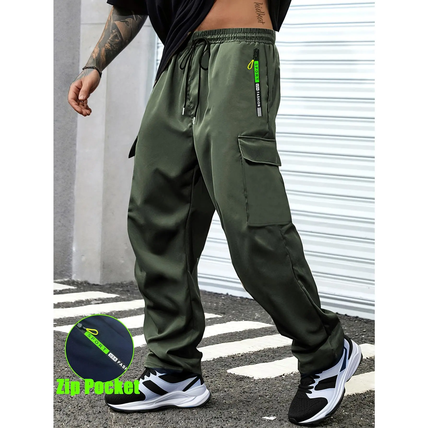 Men's Green Nylon Sports Trouser - 1pc Menswear Gym Cargo Pants with Zipper Pockets, Non-Stretch Fabric, Drawstring Waist, Casual Straight Leg, Relaxed Fit, Ideal for Running, Hiking, Machine Wash