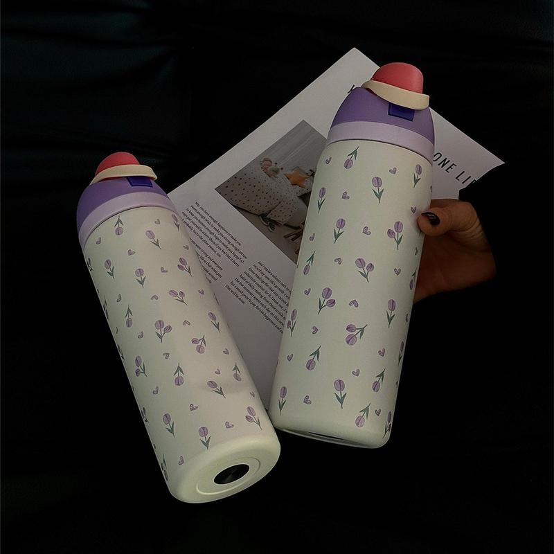 Tulip Pattern Vacuum Flask, 1 Count 24oz/32oz/40oz Stainless Steel Insulated Water Bottle with Straw, Drinking Cup for Home Office School Outdoor, Drinkware, Reusable Tumbler with Lid