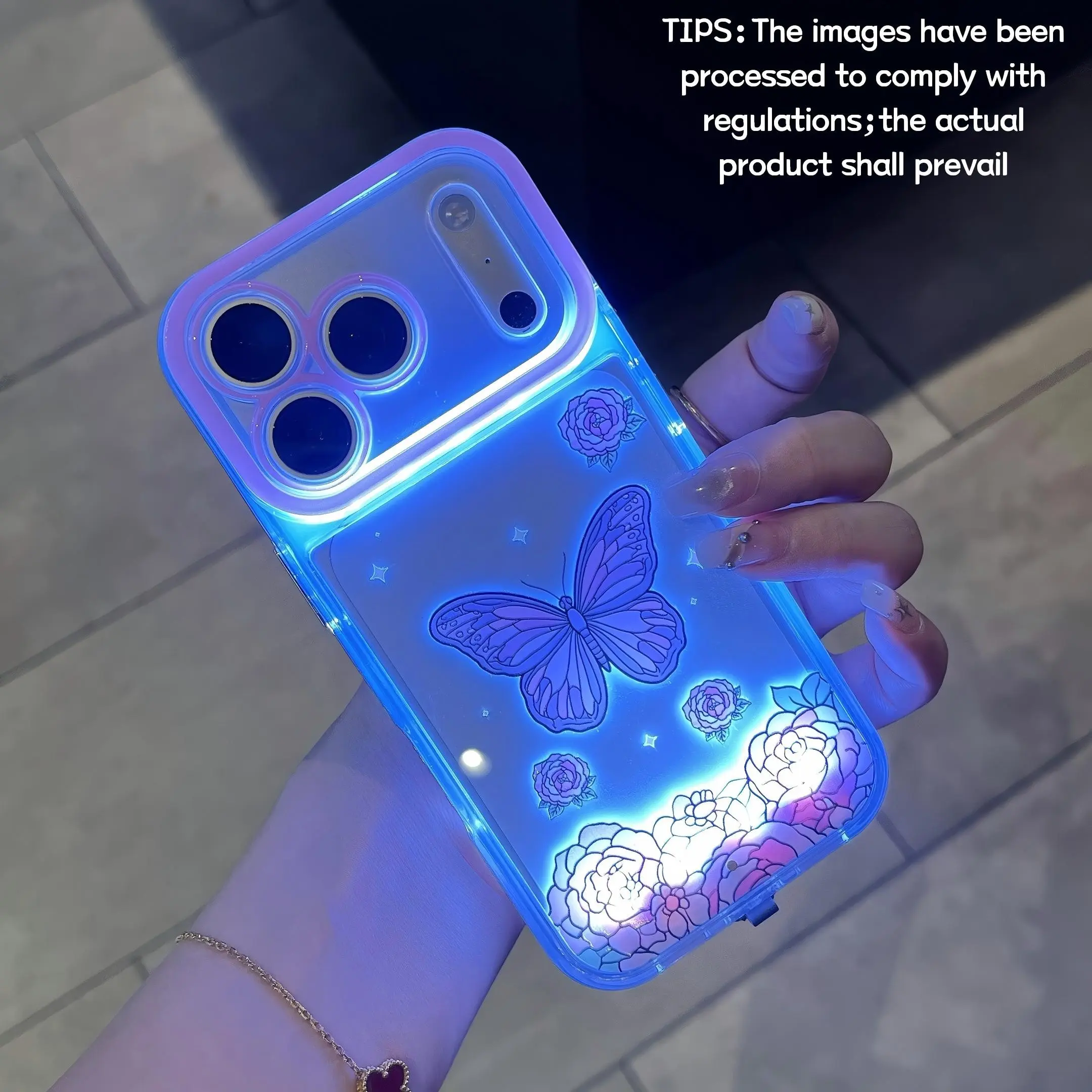 Vibrant LED Purple Butterfly Rose Phone Case, personalized unique incoming call light design, for iPhone x/xr/xsmax/11/12/13/14/15/16/17 Pro/Pro Max/Plus, dopamine floral niche style, fashionable protective cover, designed for daily use, protective shell