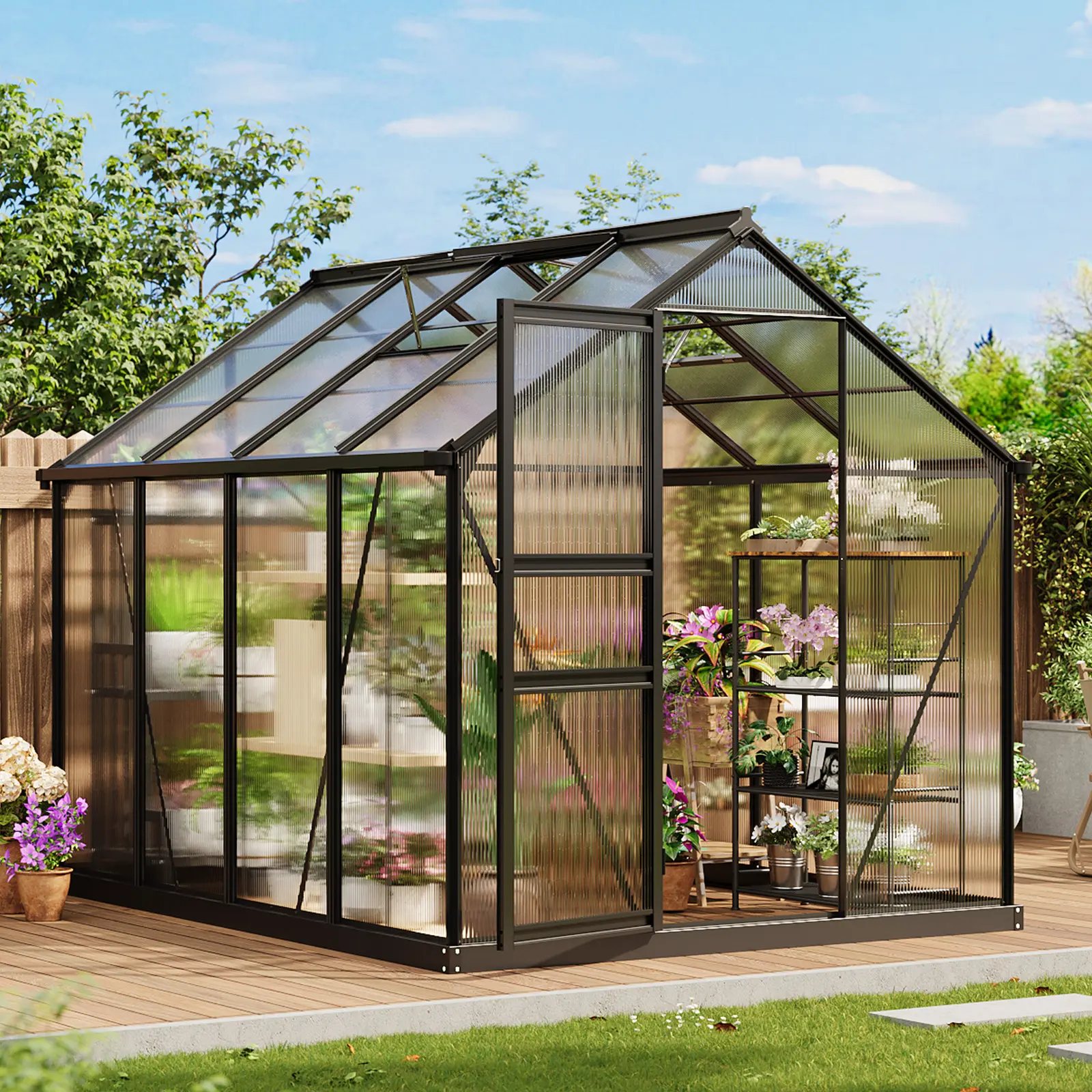 Sturdy Outdoor Greenhouse, 6x8 FT Walk-In Design with Polycarbonate Panels, Aluminum Frame, Sliding Door & Roof Vent, Complete with Ground Stakes for Yard Use