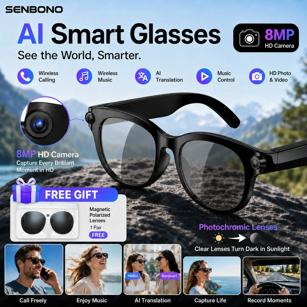 SENBONO Ai Wearable Smart Glasses, 8mp Camera, Bluetooth-compatible Call, Ai Voice Translation, Photo Video Recording, LED Flashlight, Lightweight Long Battery Life