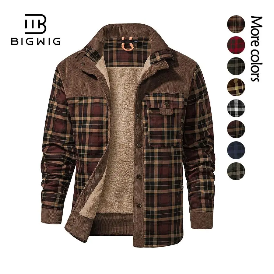 BIGWIG Men's Warm Flannel Plaid Jacket - Long-Sleeved Button-Up Lambswool-Lined Cotton Winter Coat with Pockets, Machine Washable, Sohochic