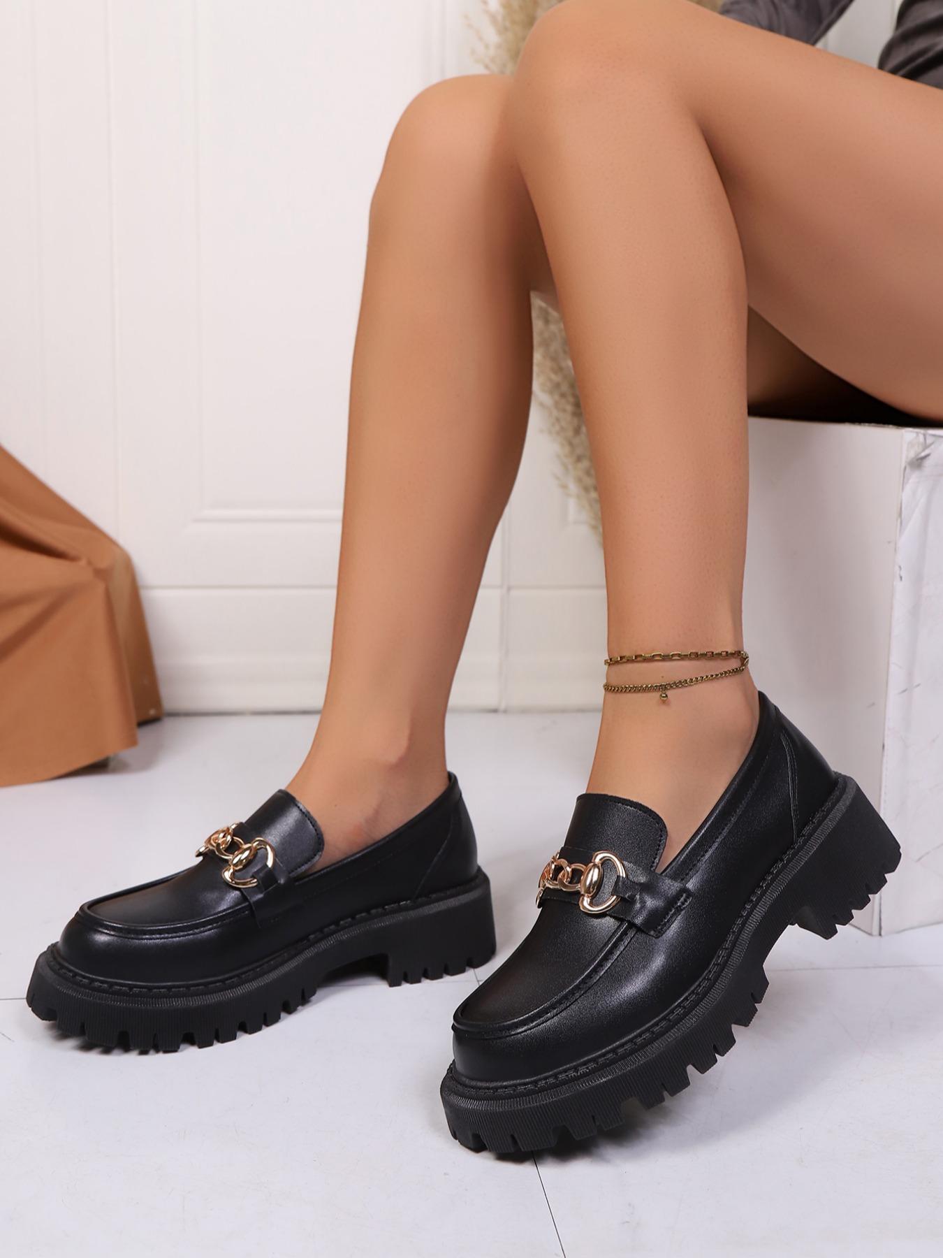 Women's Fashion Loafers, Thick Sole Design, Comfortable Casual Commuter Shoes, All-Day Support, Stylish Ladies Footwear, PU Leather Loafers