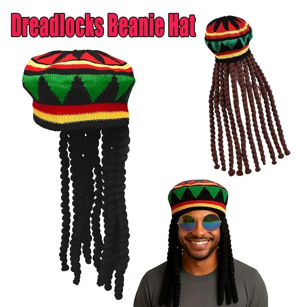 Unisex Dreadlocks Beanie Hat with Fake Braids Jamaican Rasta Reggae Cap Crochet Knitted Skull Cap for  Halloween Christmas Party