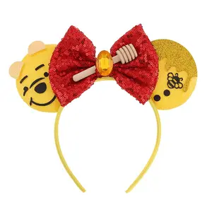 Bee Mouse Ears Headband Sequin Bow Hairband Honey Hair Hoop Costume Headwear for Women Girls Party CosplayGift.