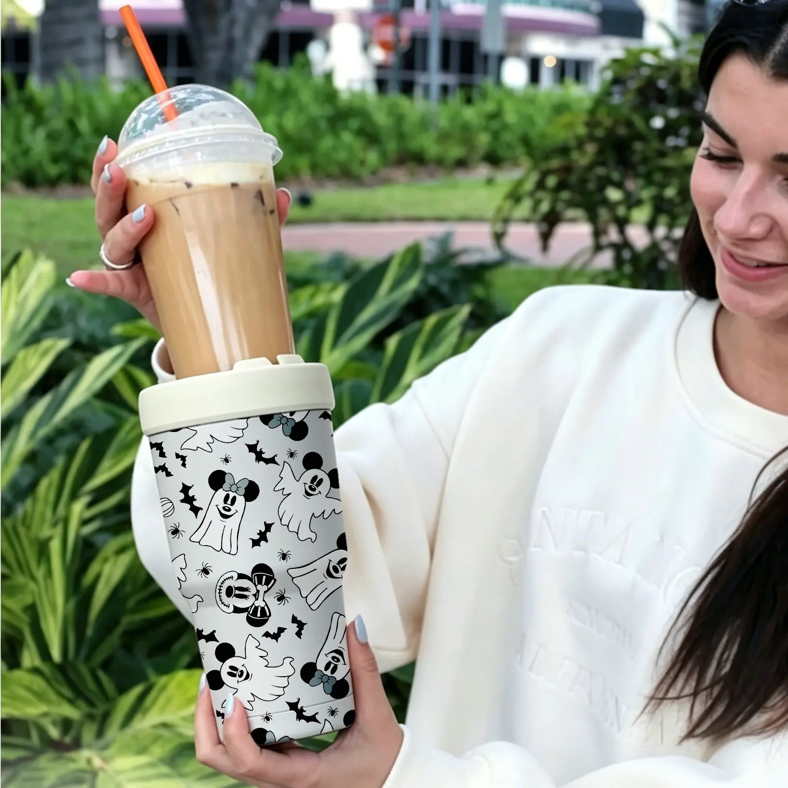 1PC 32oz Seasonal Print 2-in-1 Insulated Tumbler & Iced Coffee Cup Sleeve, Thermal Coffee Mug, Leak-Proof Double Wall Vacuum Stainless Steel Travel Mug, Cold 12+H & Hot 6+H, Fits 16–24oz To-Go Cups, Halloween, Christmas Gift for Friends & Family