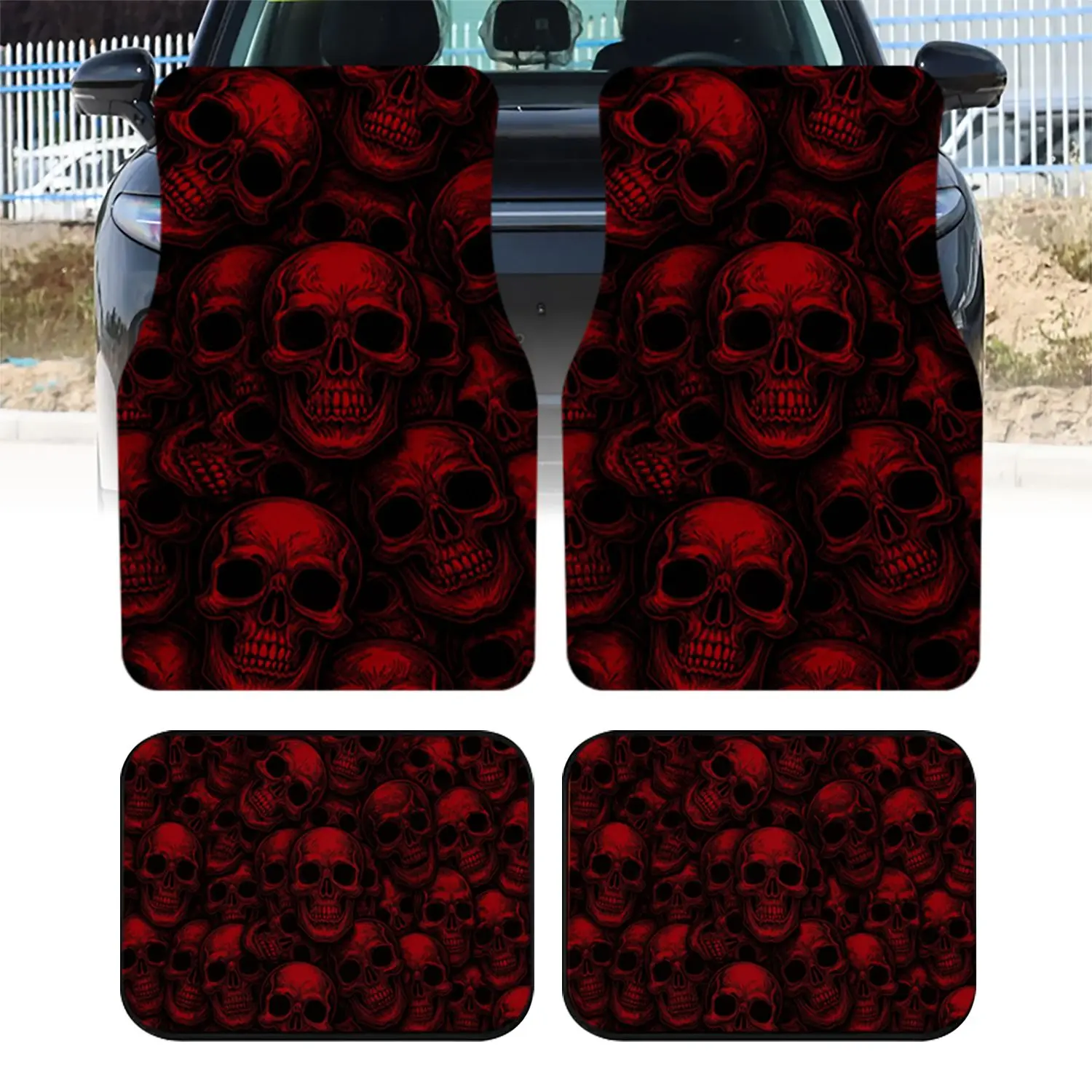 4PCS Red Skull Pattern Print Car Floor Mats, Gothic Style Automotive Interior Decoration, Universal Fit Vehicle Ground Pads, Trendy Cool Accessory For Men
