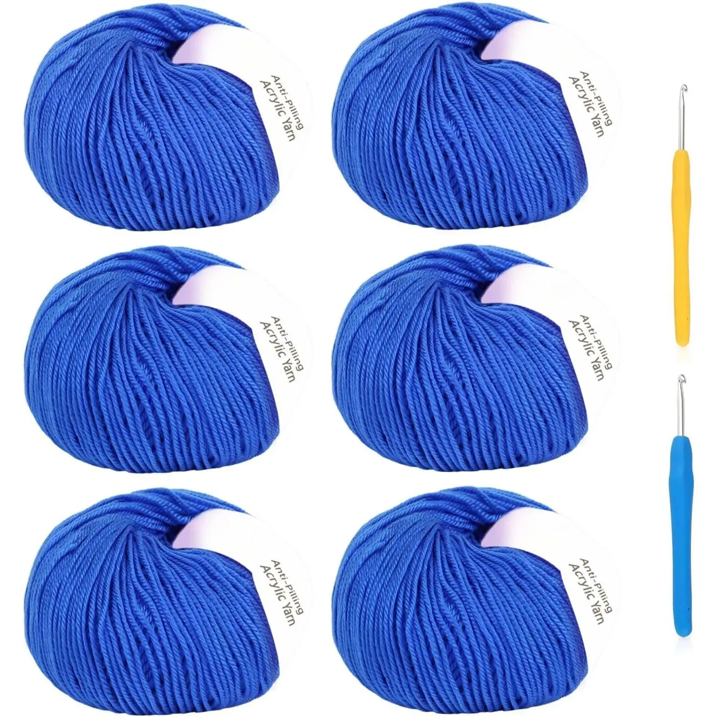 Yarn for Crocheting Size 3,   Yards Soft  Weight Yarn (CYC #3), No-Splitting and 2 count Crochet Hooks for Beginners, Solid 6 Skeins for Small Crochet or Knitting Projects(Blue)