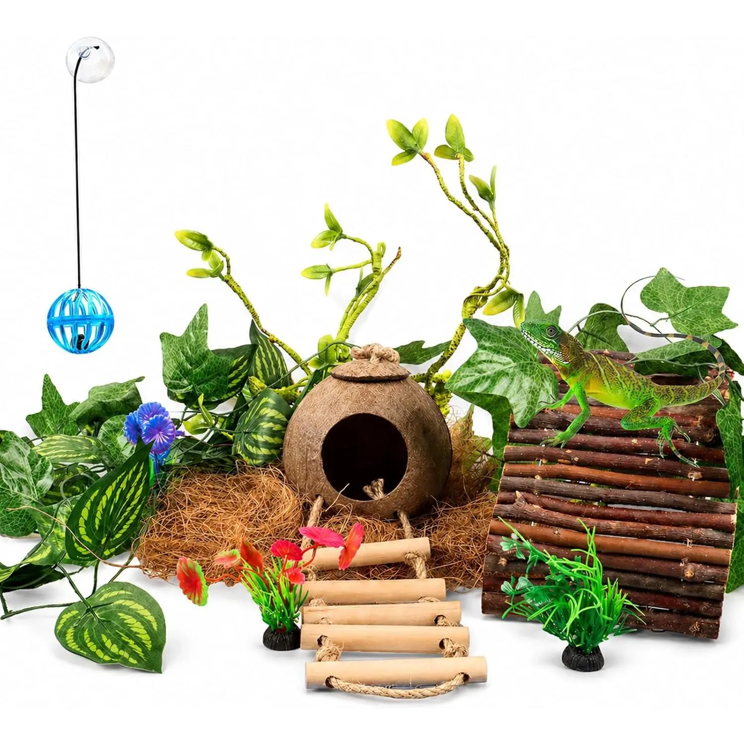 Artificial Vines Reptile Terrarium Decor - Includes Ladder, Coconut Shell Hideout, Reptile Tank Ornaments for Geckos