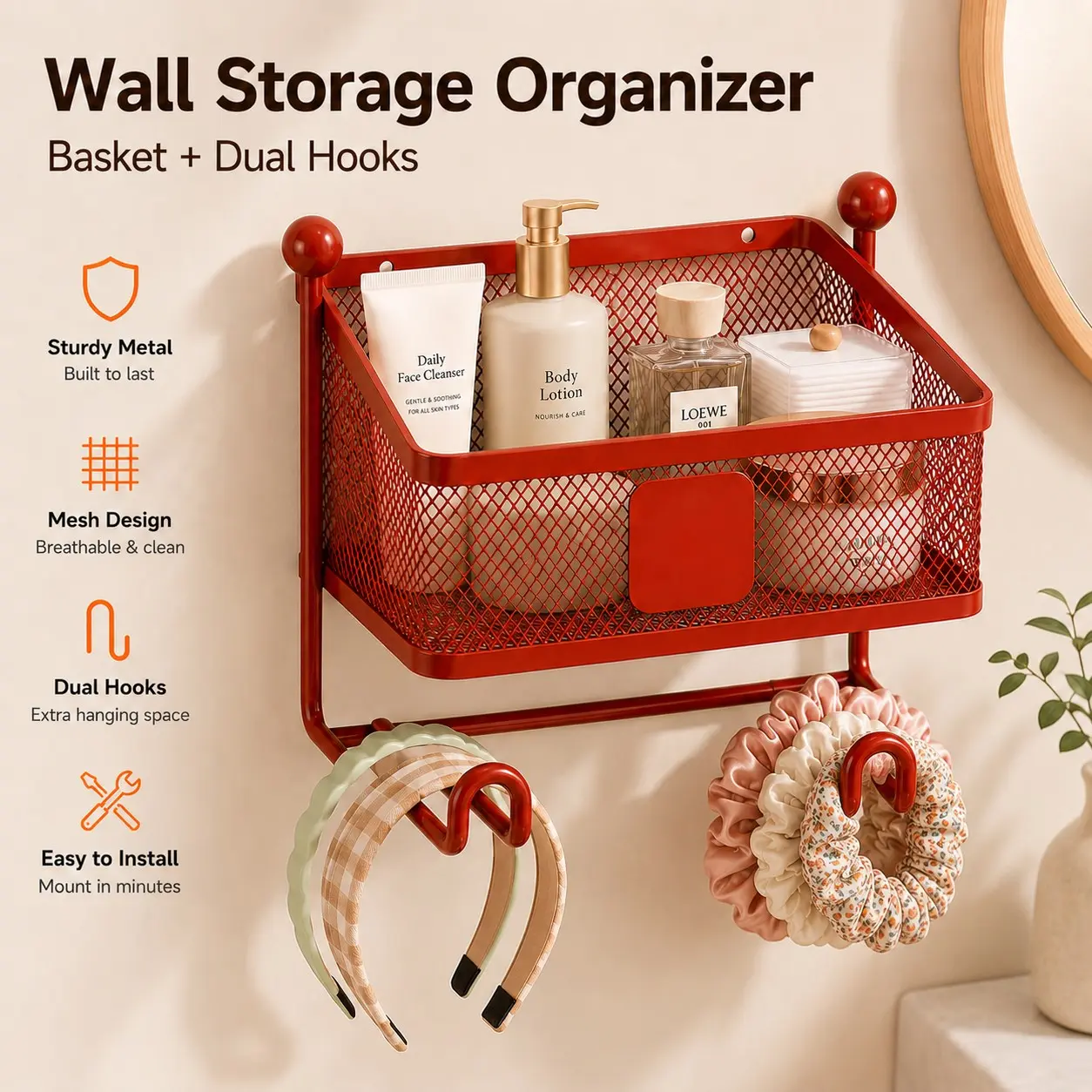 Double Hook Hair Scrunchie Headband Storage Basket, Wall Mount Metal Mesh Vanity Organizer, Bathroom Cosmetics Hair Accessories Holder