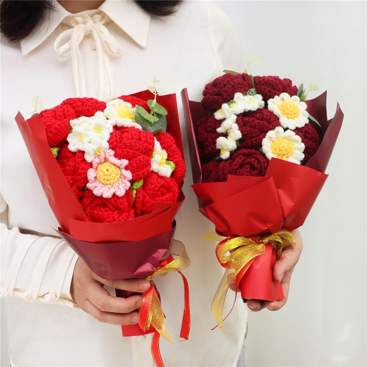 Handmade Crochet Flower Bouquet, 1 Bunch Decorative Artificial Flowers for Home Decor, Weddings, Parties & Anniversaries, Perfect Gift for Valentine’s Day, Birthday, Mother’s Day & Thanksgiving, Fake Flower