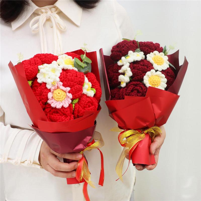 Handmade Crochet Flower Bouquet, 1 Bunch Decorative Artificial Flowers for Home Decor, Weddings, Parties & Anniversaries, Perfect Gift for Valentine’s Day, Birthday, Mother’s Day & Thanksgiving, Fake Flower