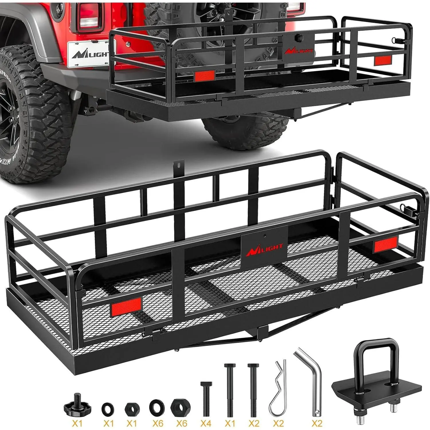 Nilight 60 Inch x 24 Inch x 14.4 Inch Carrier with Stabilizer Fits 2-inch Receiver 500 Lbs Heavy Duty Capacity Luggage Basket Fold Up for SUV Pickup Camping Traveling Capacity Basket