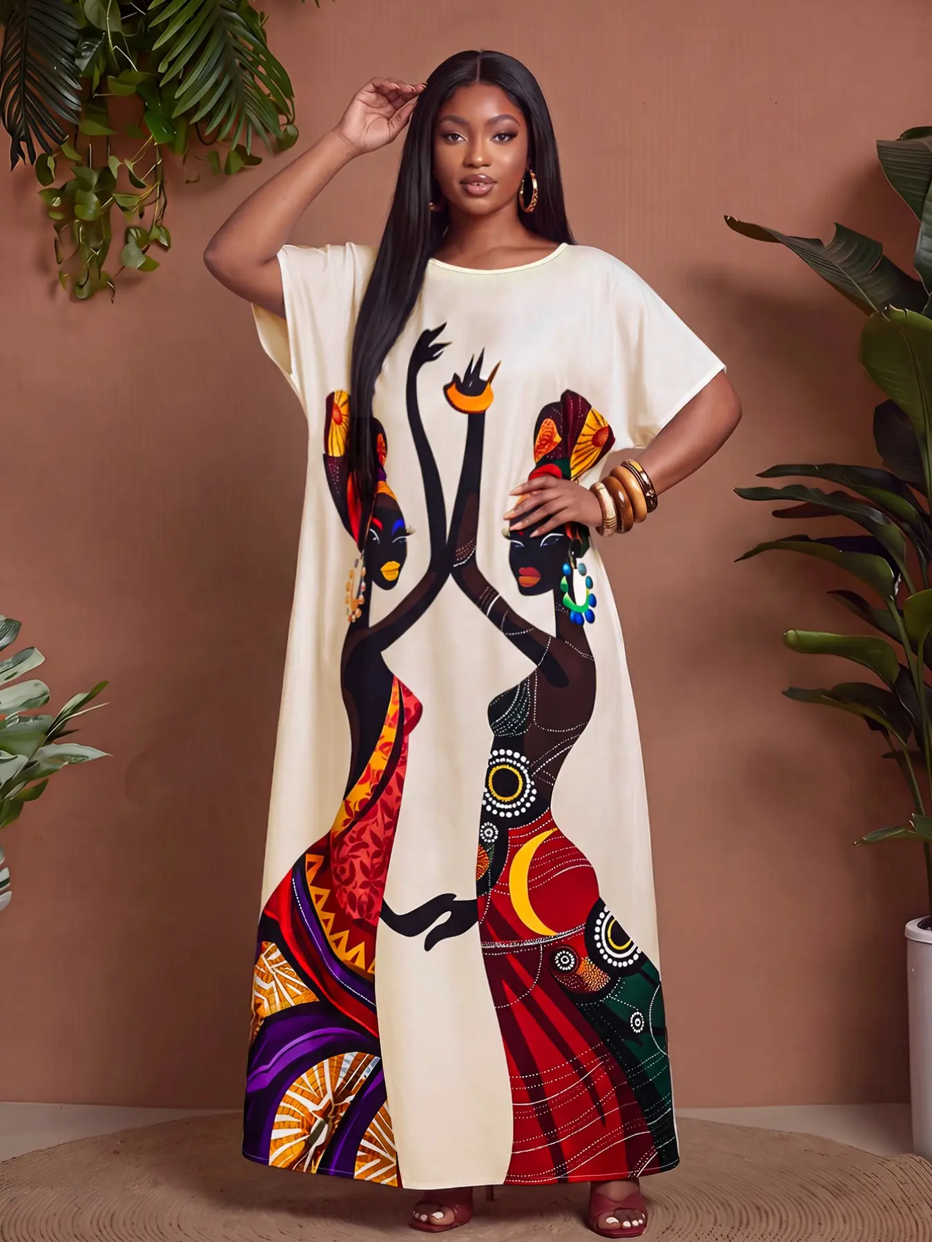 Women's Plus Size Boho Bohemian Long Robe, Colorful All-Over Print, Round Neck Short Sleeve, Vintage Exotic Style, Travel Home Beach Casual Dress