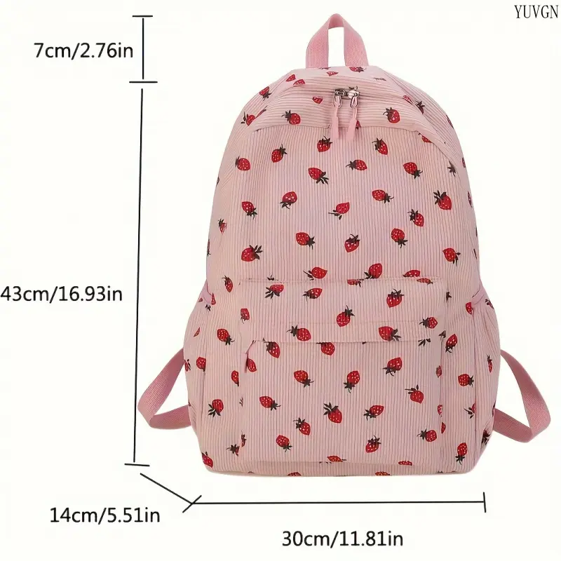 Women's Pink Corduroy Backpack with Strawberry Fruit Print - Lightweight Gym Bag with Laptop Sleeve Guard, Multi-Zipper, Corduroy Texture for Back to School