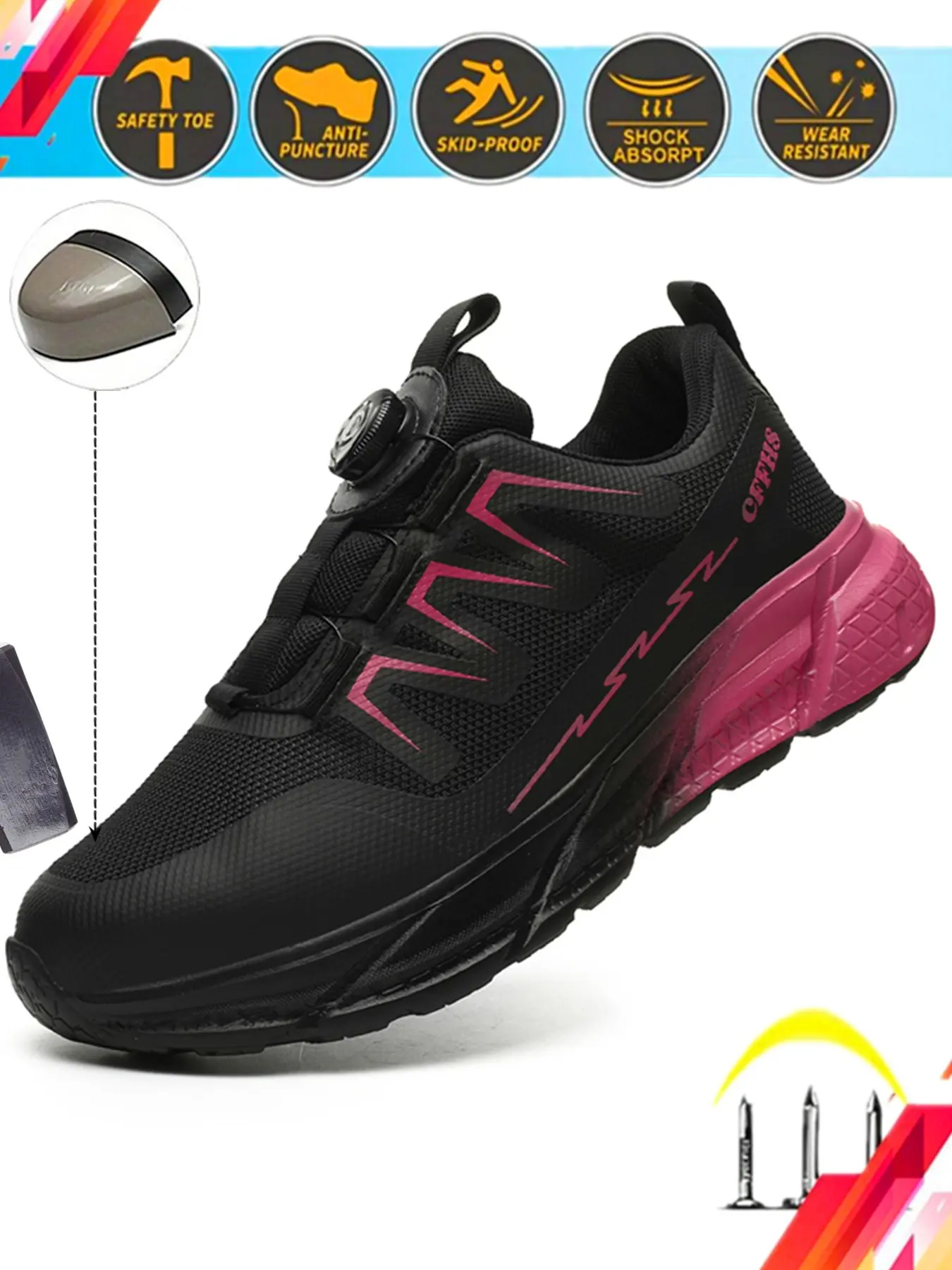 Women's Safety Shoes, Anti-Slip Rubber Sole, Breathable Mesh, Strap Laces, Ideal for Warehouse/workshop/daily Use, Casual Style