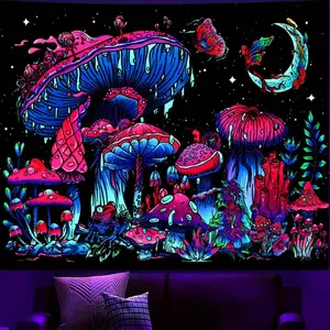 Glow-in-the-Dark - UV Reactive Blacklight Mushroom Tapestry - Wall Hanging with Butterfly & Moon Design, Perfect for Bedroom and Dorm Decor - Easy to Hang, Multiple Sizes Available