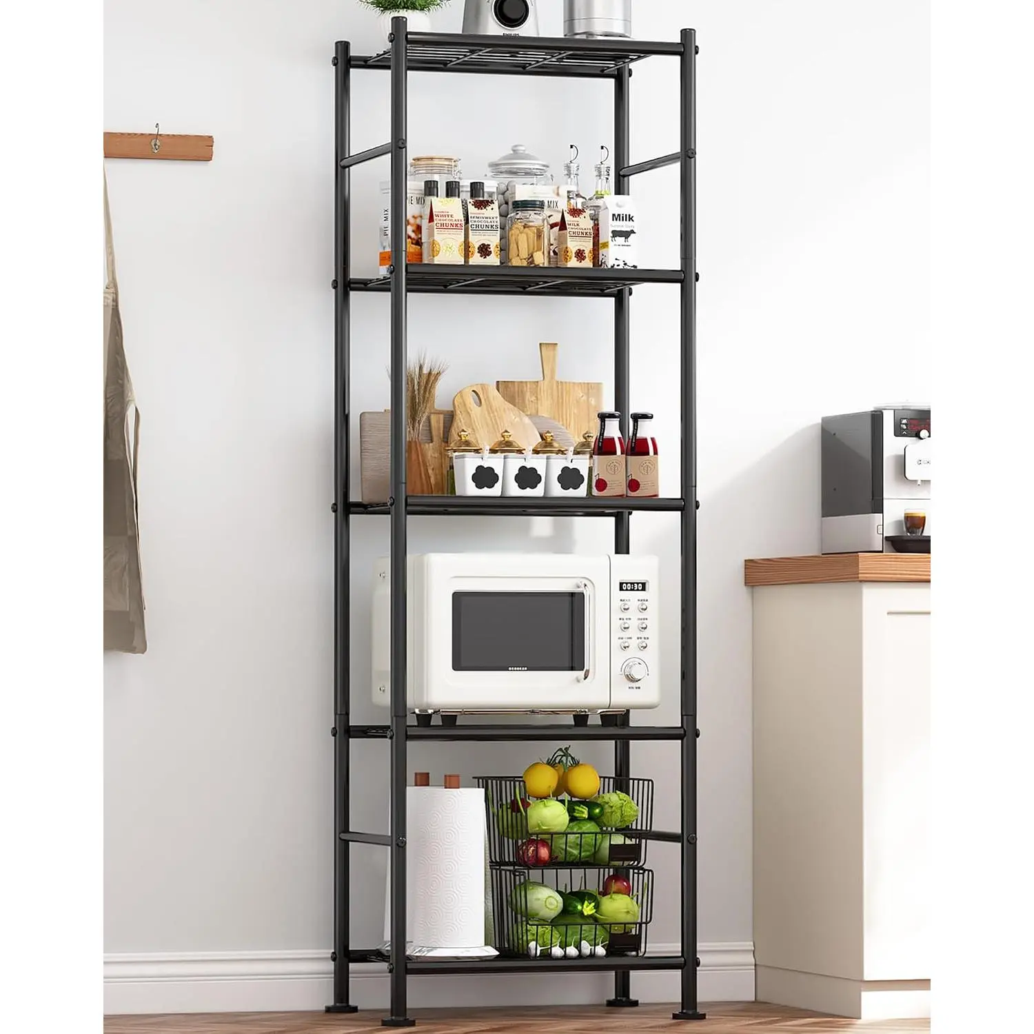 Storage Shelves - 5 Tier Shelf Organizer, Heavy Duty Garage Shelving Unit with Leveling ,  Metal Shelves Organizer for Pantry, Kitchen and Closet, 18.4" W x 12.6" D x 57.4" H, Black