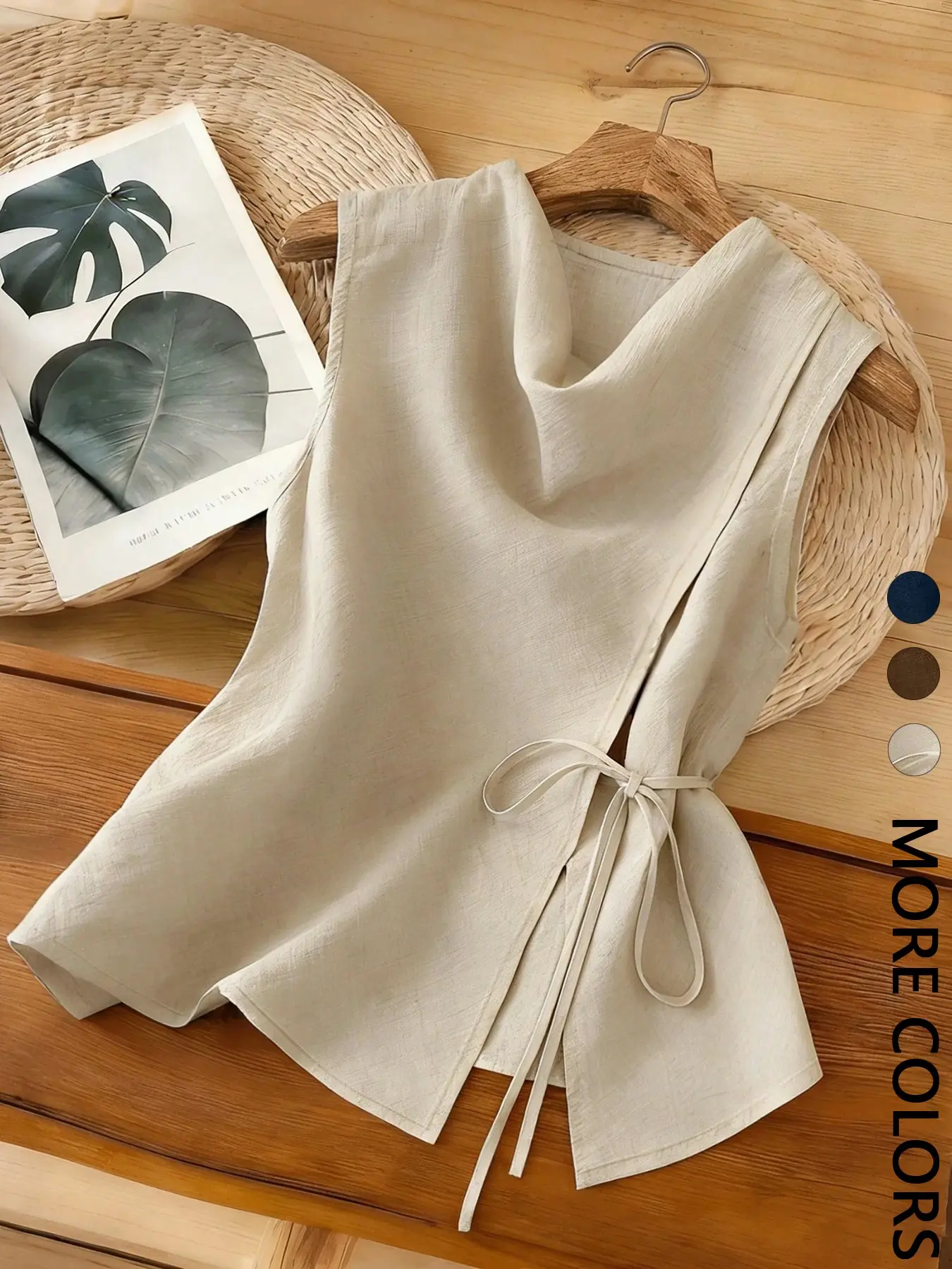 Women's Sleeveless Draped-Neck Asymmetrical Tie-Waist Top for Work and Vacation