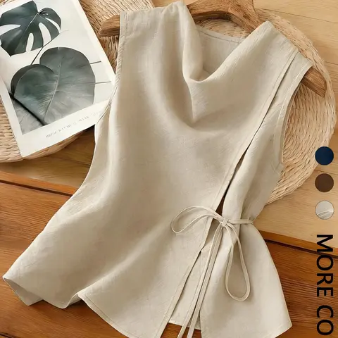 Women's Sleeveless Draped-Neck Asymmetrical Tie-Waist Top for Work and Vacation Casual Fashion Chic