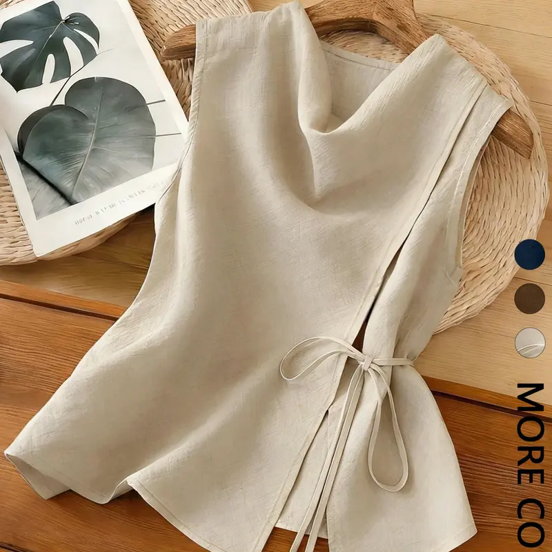 Women's Sleeveless Draped-Neck Asymmetrical Tie-Waist Top for Work and Vacation Casual Fashion Chic
