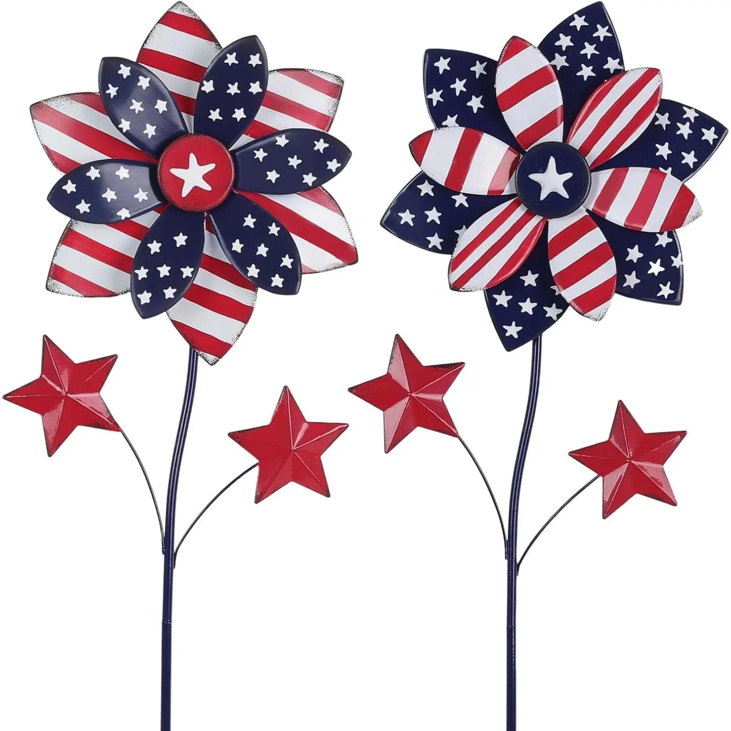 4th of July Decorations Outdoor, 22.4" Set of 2 Red White Blue Metal Flowers Decorative Garden Stakes for Memorial Day Decorations, Yard Signs Patriotic Decorations for Garden Lawn PorchGift