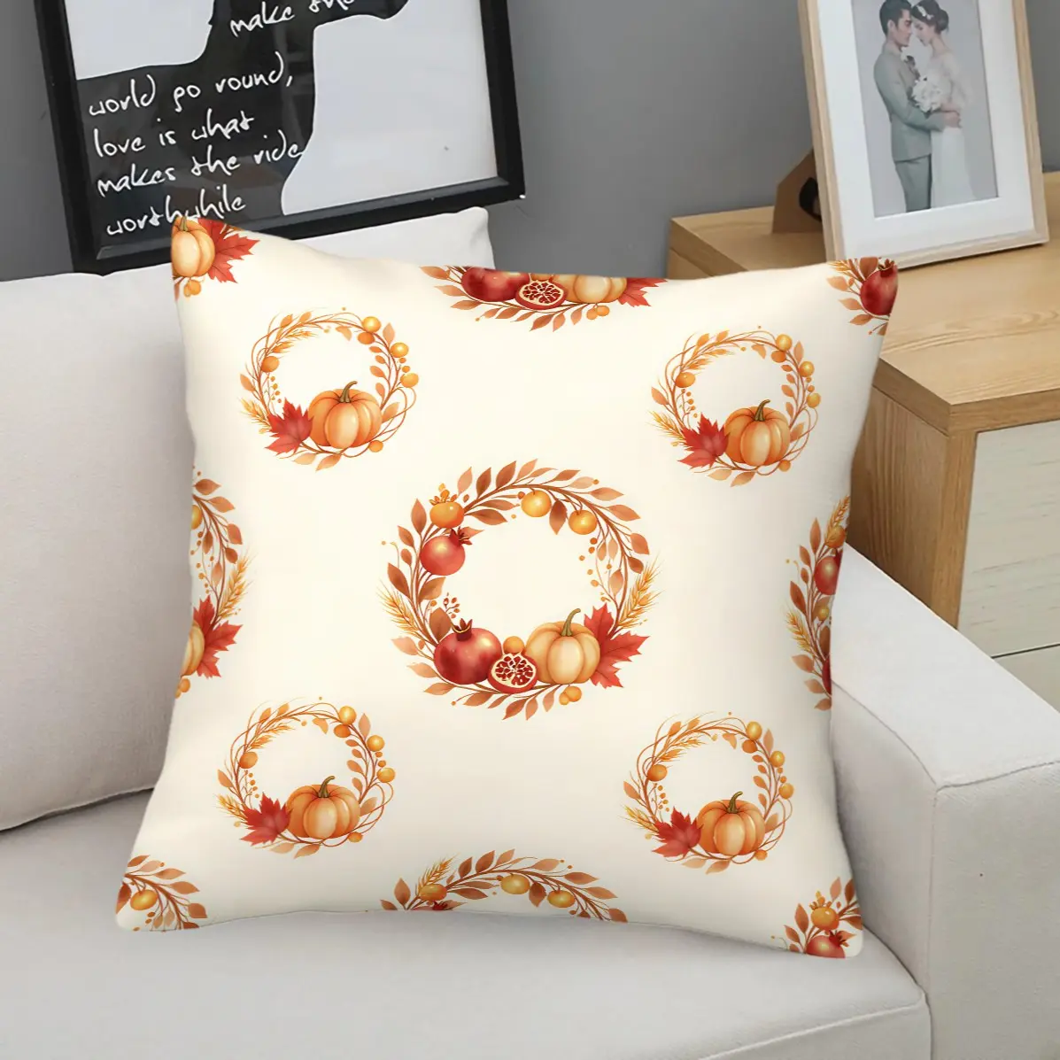 45x45cm 1Pc Watercolor Autumn Harvest Wreath Throw Pillow, Washable, Trend Print, Plush Soft Insert Decor Cushion For Sofa Bay Window Living Room (With Pillow Insert)