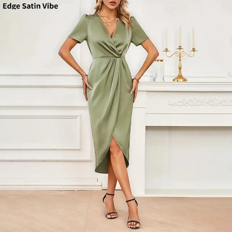 Women's Satin Short-Sleeve Wrap-Cross-Neck Dress, Spring/Summer Designer Long Asymmetrical Dress