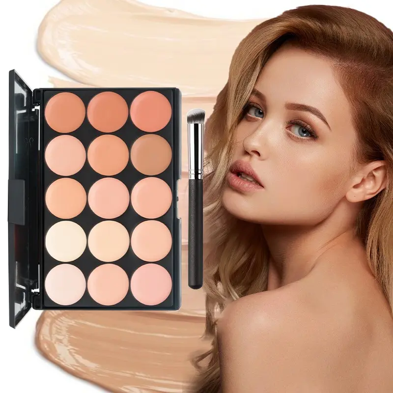 15-Color Concealer Set with Brush, Professional Makeup Artist Palette, High Coverage Waterproof Long-Lasting, Covers Blemishes and Dark Circles