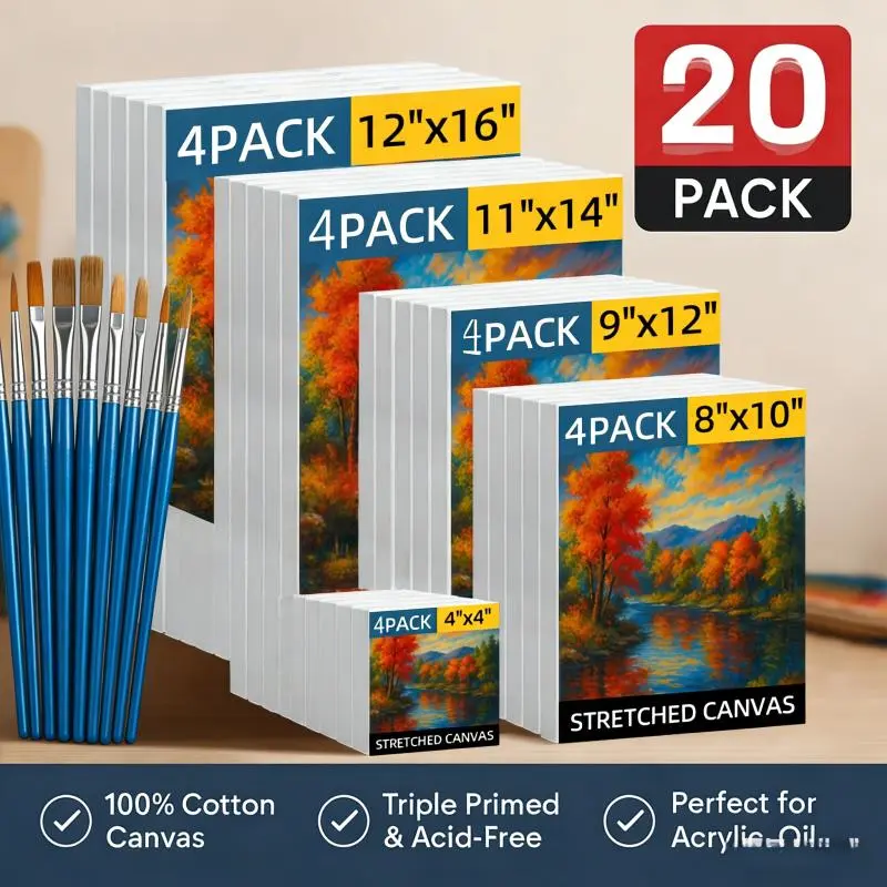 PABHAN Multi-Size Stretched Canvas Frame Boxed Sets - 20 Pcs Total (4 Each of 4x4, 8x10, 9x12, 11x14, 12x16 In) + 10 Brush Kits, for Oil/Acrylic Painting Art, Home Decor Items