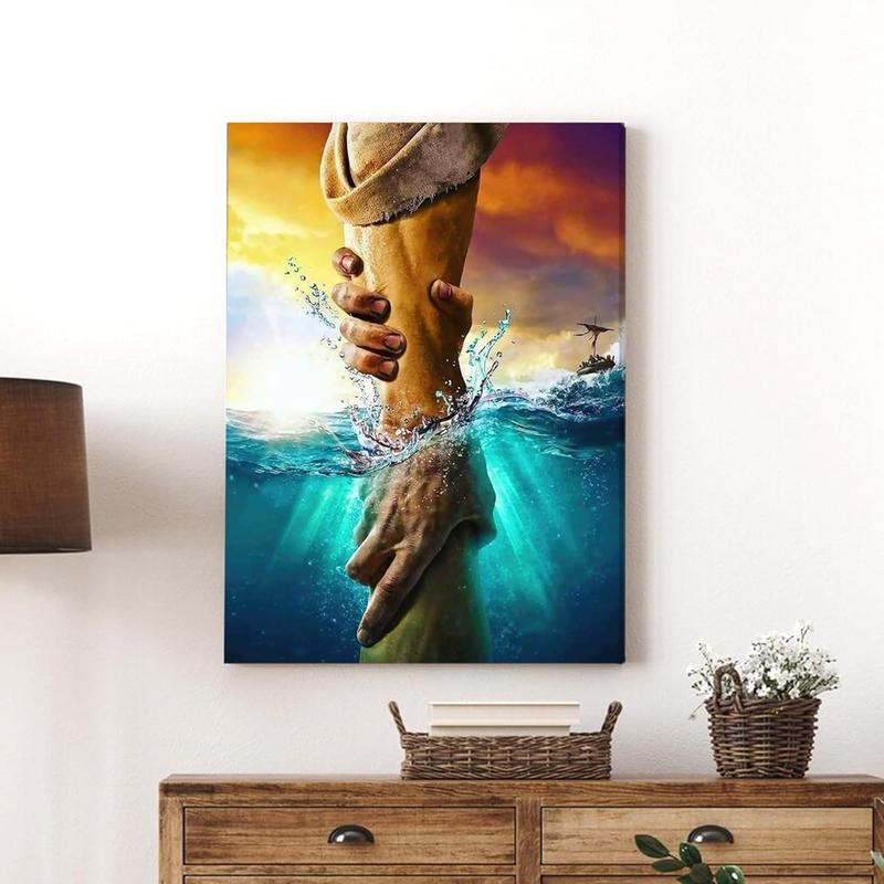 1 Count Framed Jesus Christ Canvas Wall Art The Hand of God Jesus Reaching Into Water Christian Painting Prints Biblical Wall Decor Religious Room Decor for Church Prayer Room Schools Hospitals 16x24inch