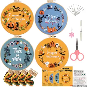 2026 New DIY Embroidery Kit Halloween Craft Set – Pumpkin, Cat & Bat Pattern Cross-Border Hand Embroidery Starter Materials Pack, Beginner-Friendly Needlework Hoop Art Set for Home Decor & Gift