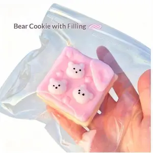 Kawaii Three Bears Pink Cream Sandwich Cookie Squishy Toy, Soft TPR Simulation Snack Squeeze Fidget Toy, Sticky Bag Pack Desktop Stress Relief Toy for Indoor Leisure, Home Relax Gift for Kids & Adults