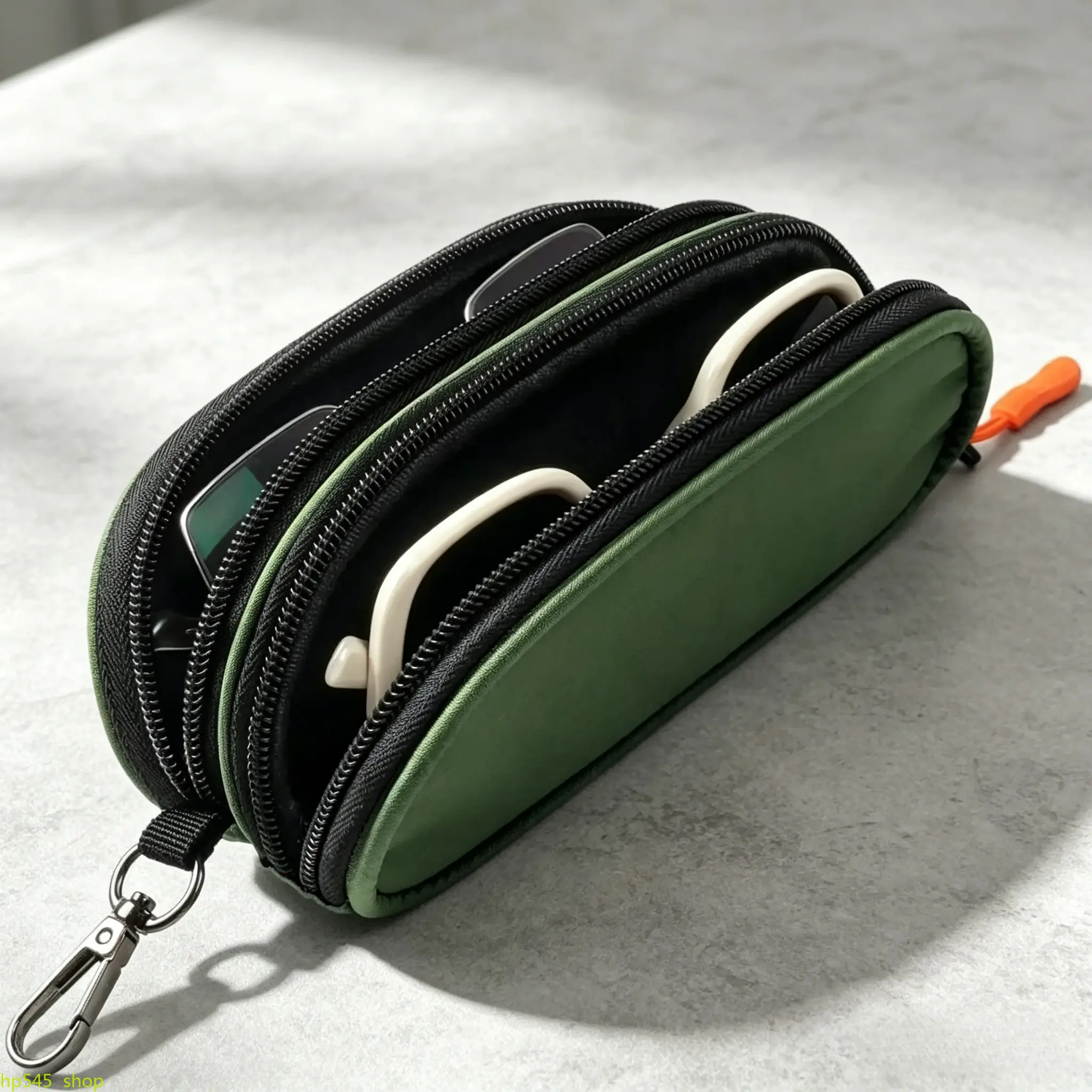 Dual-Compartment Sunglasses Case - Basic Portable Sunglasses Organizer, Soft Compact Eyeglass Holder Bag with Zipper & Keychain Hook for Men, Women’s Daily Use & Travel travelessentials
