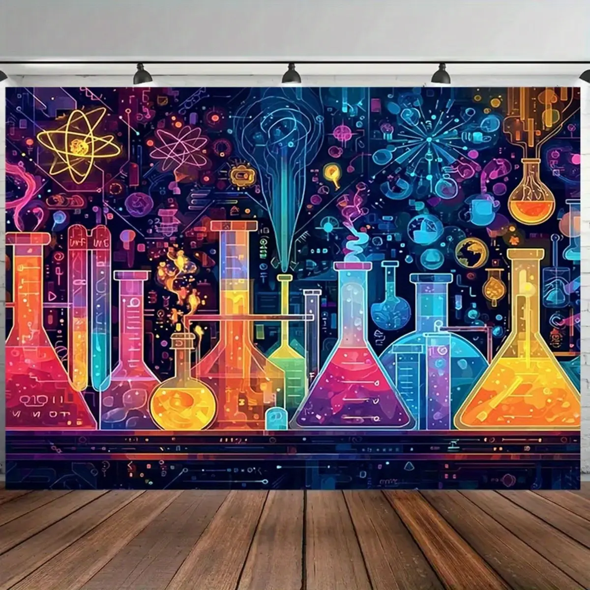2D Flat Science Lab Banner | Chemistry Lab with Beakers & Neon Elements | Single-Sided Polyester | Metal Grommets for Easy Hanging | Perfect for STEM Parties, Classrooms, School Events & Photo Backdrops