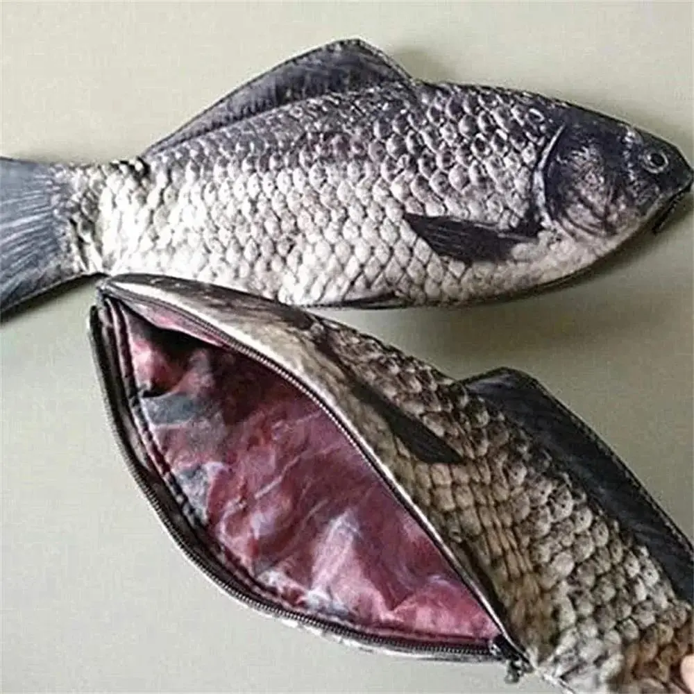 Fish-Shaped Pencil Case Full-Length Zipper, Realistic Scale Print, Lined Inside Pouch for Pens/Pencils, Small Essentials, Travel or School, Novelty Gift for Fishing Fans, Birthday or White Elephant
