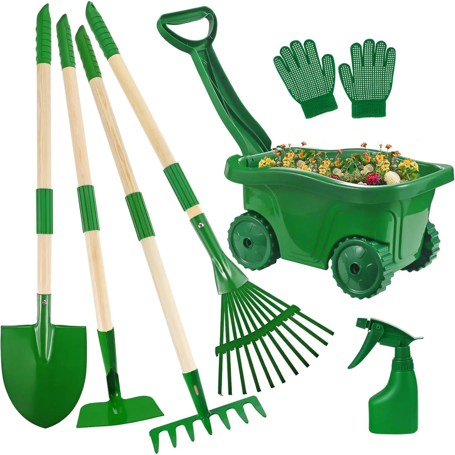 Kids Gardening Tools Set - 7pcs Wheelbarrow Set for Kids with Shovel, Rake, Leaf Rake, Summer Outdoor Yard Digging Weed Birthday Gifts Toys, Easter for Boys Girls Age 2 3+ Years(Green)