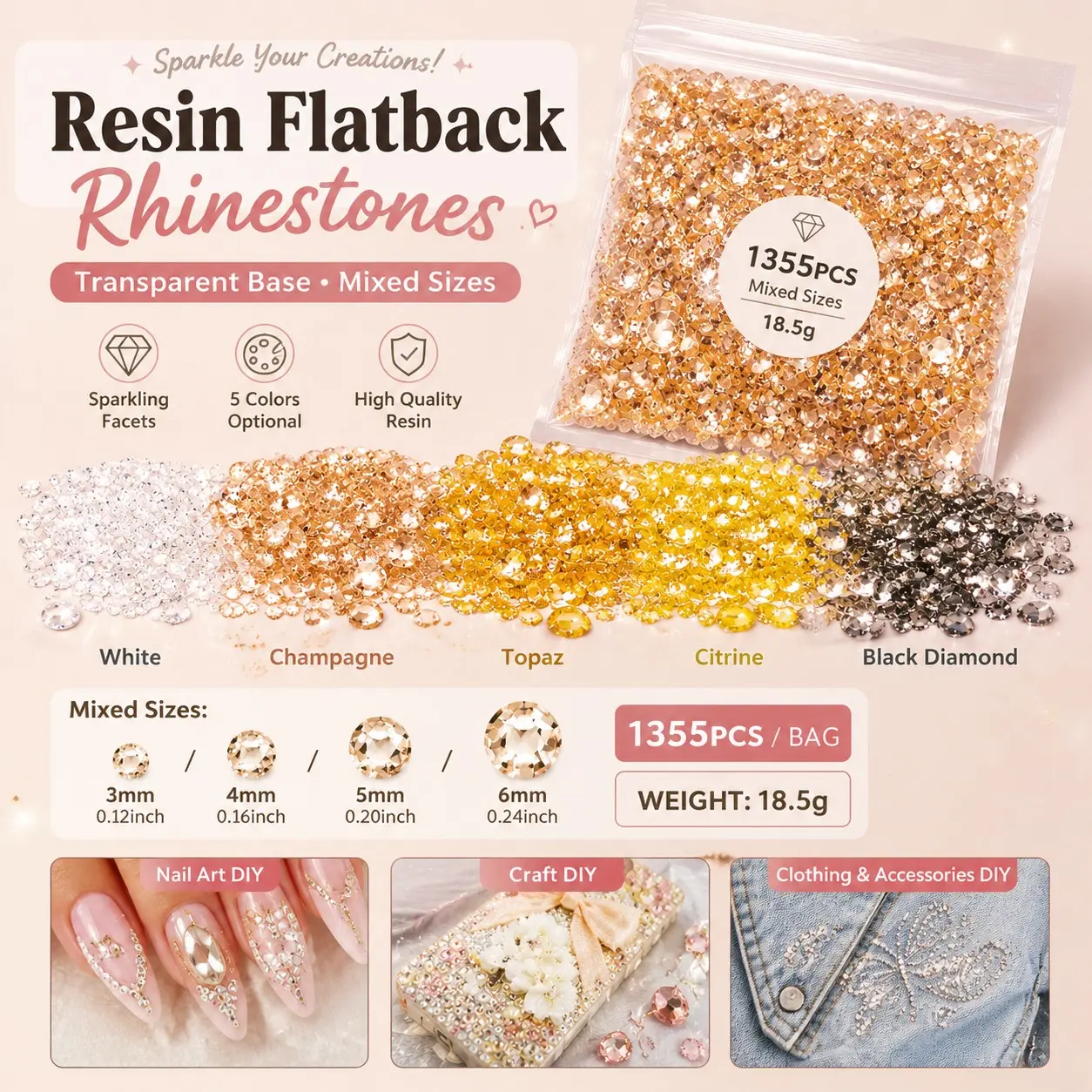 1355pcs Resin Transparent Flatback Rhinestones 3-6mm Champagne/Topaz/Citrine/White/Black Diamond for Nail Art, Clothing, Shoes, Bags, Crafts DIY